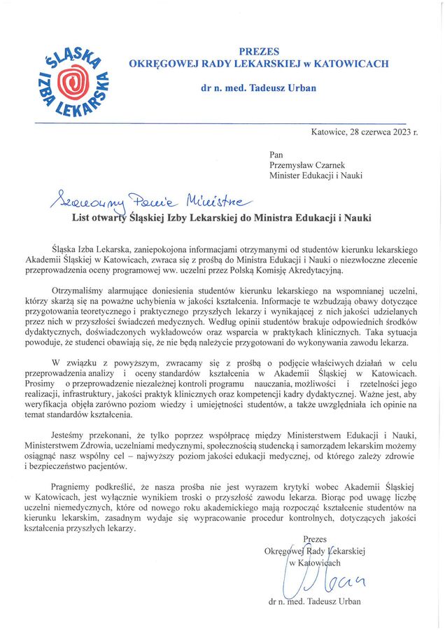 list otwarty slaskiej izby lekarskiej do ministra edukacji narodowej 28.06.2023